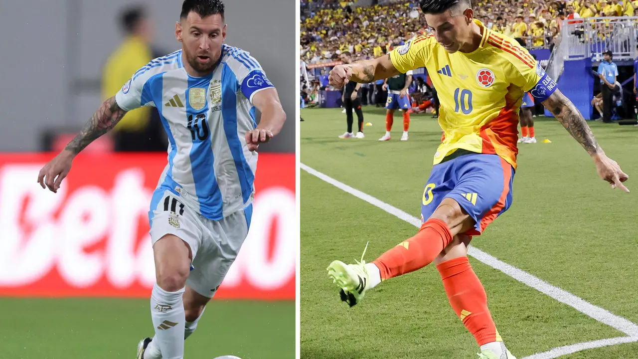 Lionel Messi y James Rodr&iacute;guez, capitanes y estrellas de las selecciones argentina y colombiana que el domingo jugar&aacute;n la final de la Copa Am&eacute;rica en el estadio Hard Rock de Miami. EFE/EPA/ERIK S. LESSER